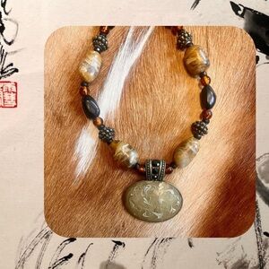 Chico’s vintage black & brown beaded, marble stone, glass pendant necklace